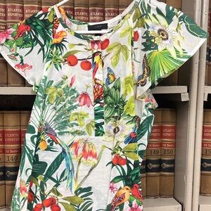 J. Crew White Tropical Floral Flutter-Sleeve Top with Green, Red & Yellow